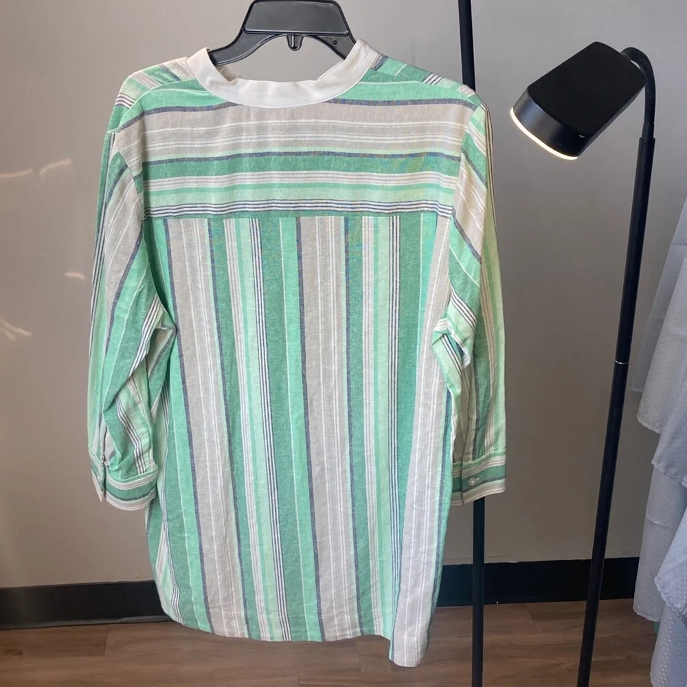 Kasper top print stripes pattern blouse linen blend career business casual L - Picture 9 of 17
